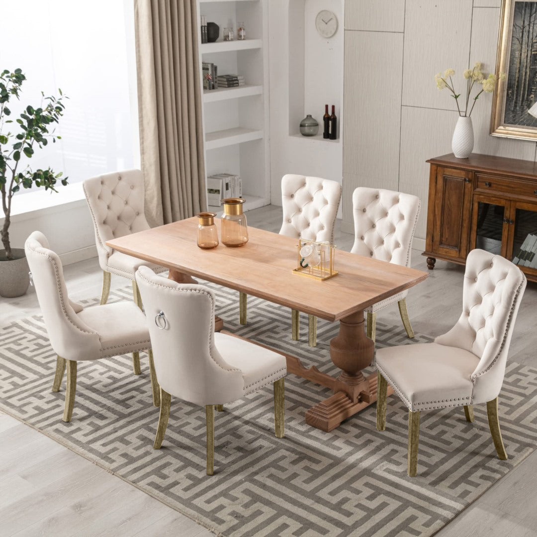 6x Velvet Dining Chairs Upholstered Tufted Kithcen Chair with Solid Wood Legs Stud Trim and Ring-Bei