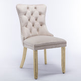 8x Velvet Dining Chairs Upholstered Tufted Kithcen Chair with Solid Wood Legs Stud Trim and Ring-Beige - Side View