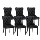 6x Velvet Dining Chairs Upholstered Tufted Kithcen Chair with Solid Wood Legs Stud Trim and Ring-Bla