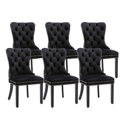 6x Velvet Dining Chairs Upholstered Tufted Kithcen Chair with Solid Wood Legs Stud Trim and Ring-Bla