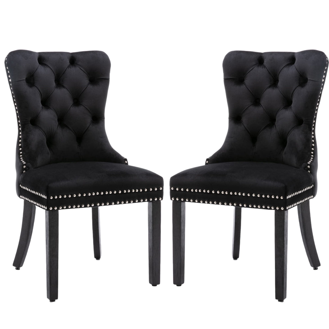 6x Velvet Dining Chairs Upholstered Tufted Kithcen Chair with Solid Wood Legs Stud Trim and Ring-Bla