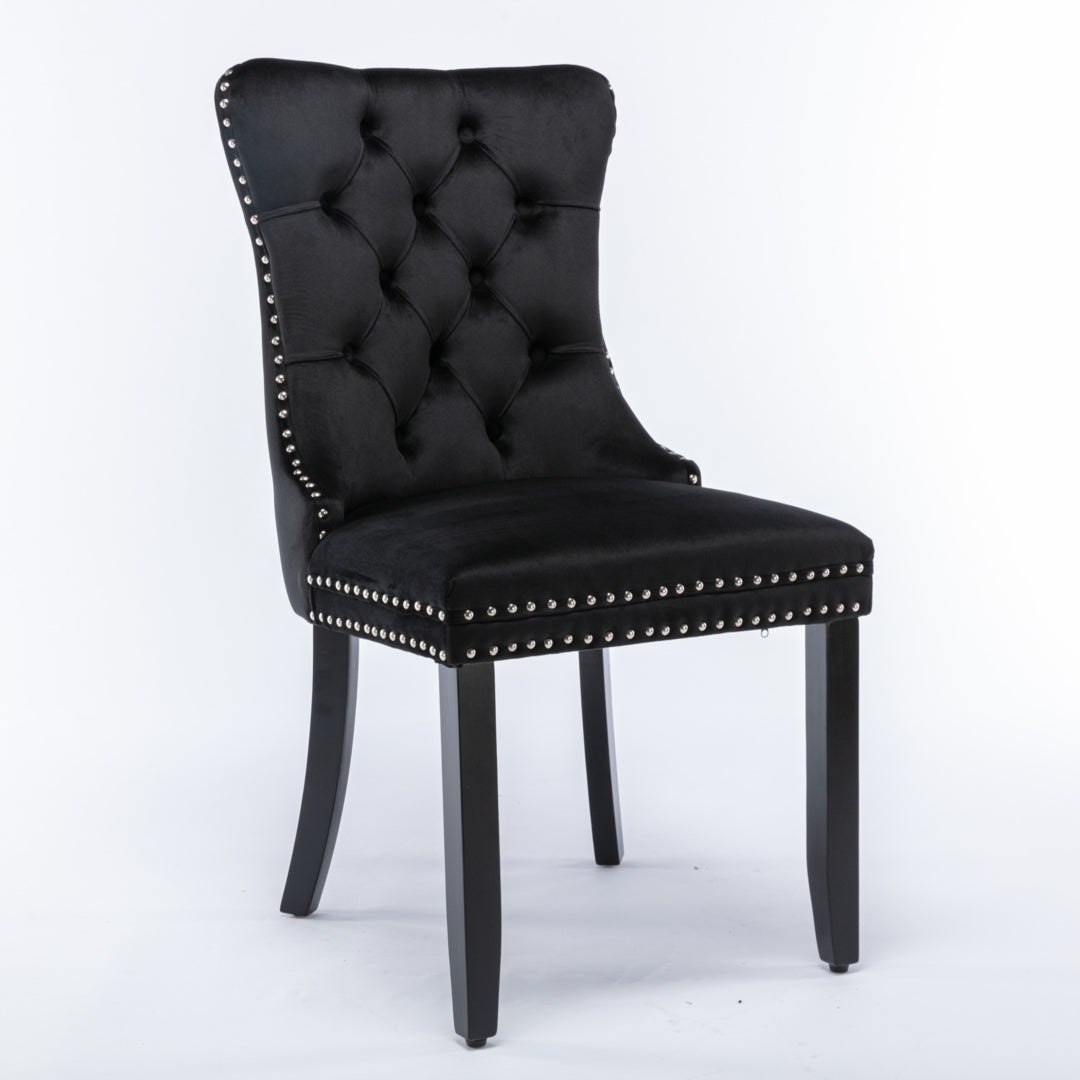6x Velvet Dining Chairs Upholstered Tufted Kithcen Chair with Solid Wood Legs Stud Trim and Ring-Bla