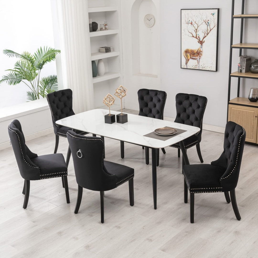 6x Velvet Dining Chairs Upholstered Tufted Kithcen Chair with Solid Wood Legs Stud Trim and Ring-Bla
