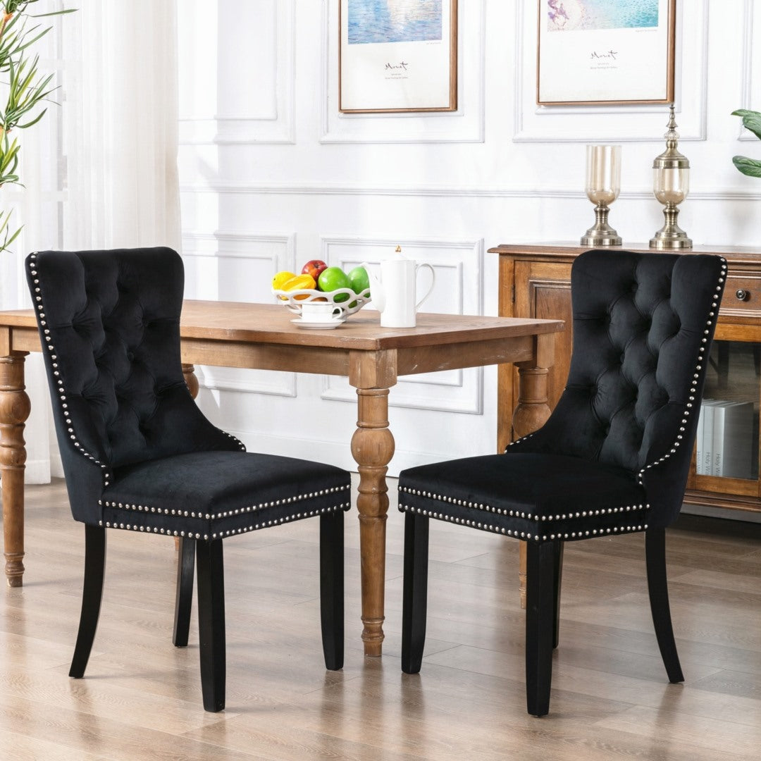 6x Velvet Dining Chairs Upholstered Tufted Kithcen Chair with Solid Wood Legs Stud Trim and Ring-Bla