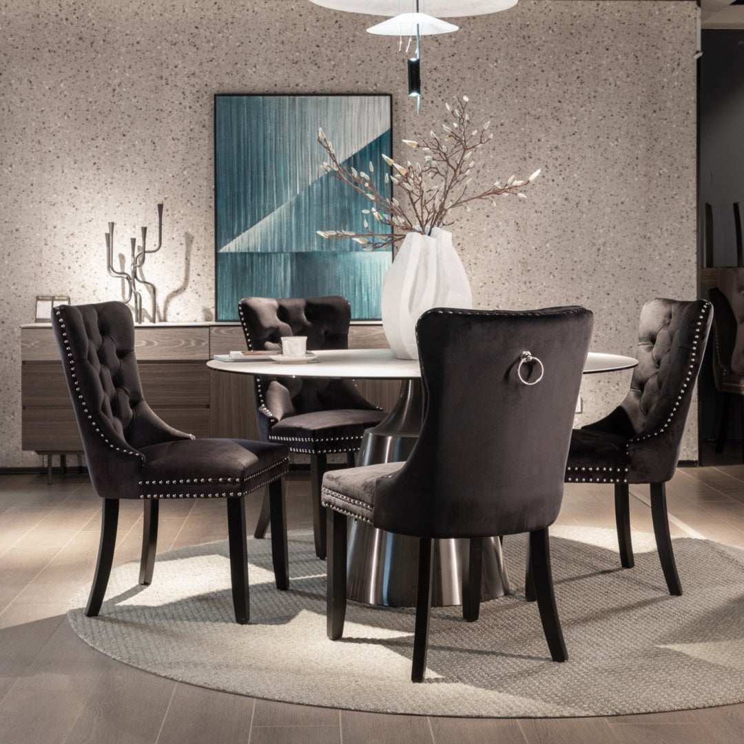 6x Velvet Dining Chairs Upholstered Tufted Kithcen Chair with Solid Wood Legs Stud Trim and Ring-Bla