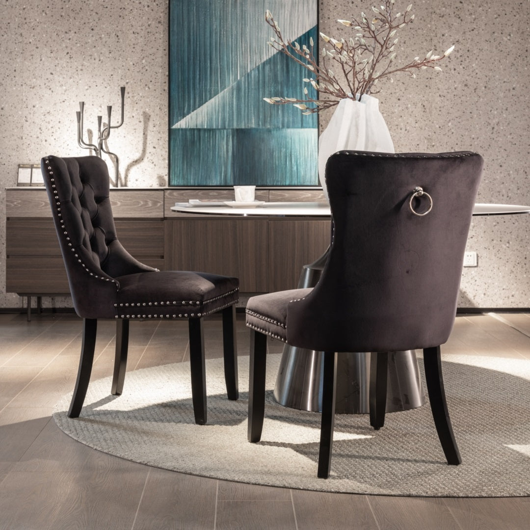6x Velvet Dining Chairs Upholstered Tufted Kithcen Chair with Solid Wood Legs Stud Trim and Ring-Bla