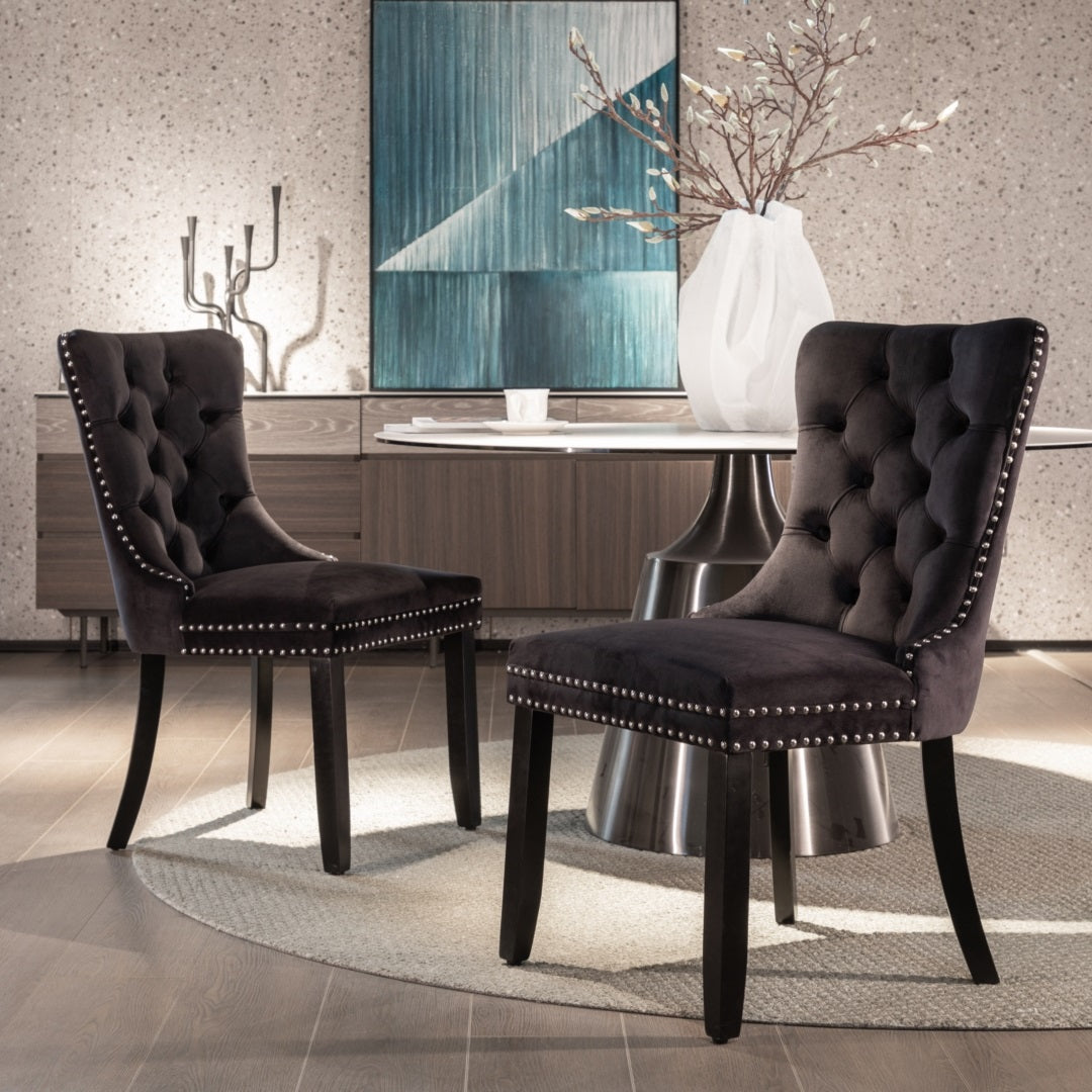 6x Velvet Dining Chairs Upholstered Tufted Kithcen Chair with Solid Wood Legs Stud Trim and Ring-Bla
