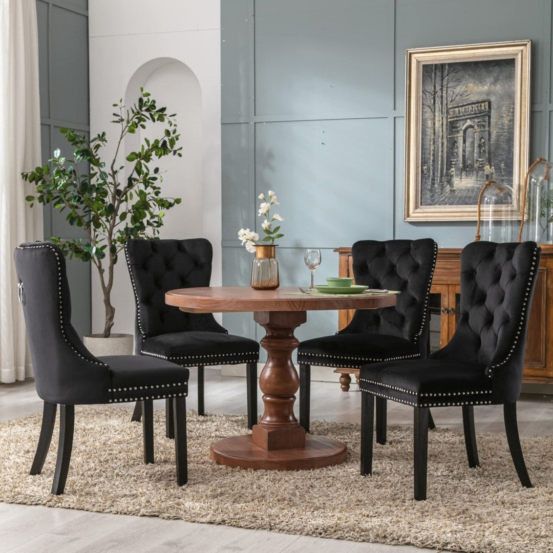 6x Velvet Dining Chairs Upholstered Tufted Kithcen Chair with Solid Wood Legs Stud Trim and Ring-Bla