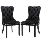 8x Velvet Dining Chairs Upholstered Tufted Kithcen Chair with Solid Wood Legs Stud Trim and Ring-Black - Front View