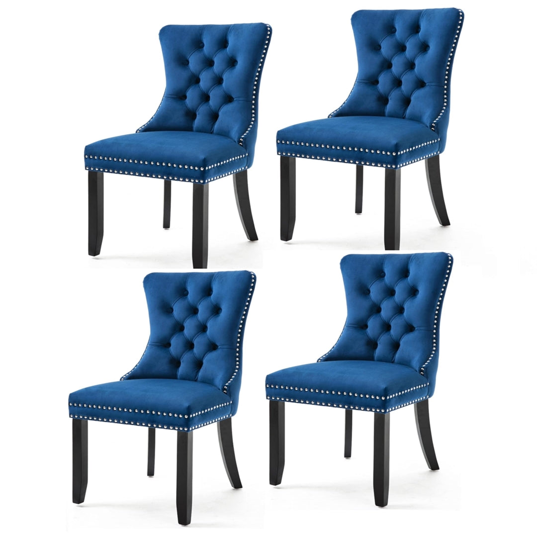 4x Velvet Dining Chairs Upholstered Tufted Kithcen Chair with Solid Wood Legs Stud Trim and Ring-Blu