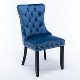 4x Velvet Dining Chairs Upholstered Tufted Kithcen Chair with Solid Wood Legs Stud Trim and Ring-Blu