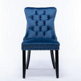 4x Velvet Dining Chairs Upholstered Tufted Kithcen Chair with Solid Wood Legs Stud Trim and Ring-Blu