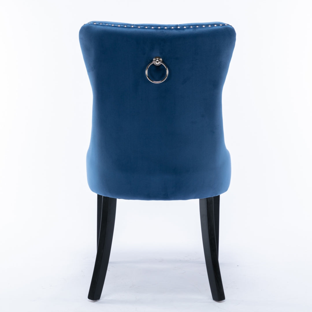 4x Velvet Dining Chairs Upholstered Tufted Kithcen Chair with Solid Wood Legs Stud Trim and Ring-Blu