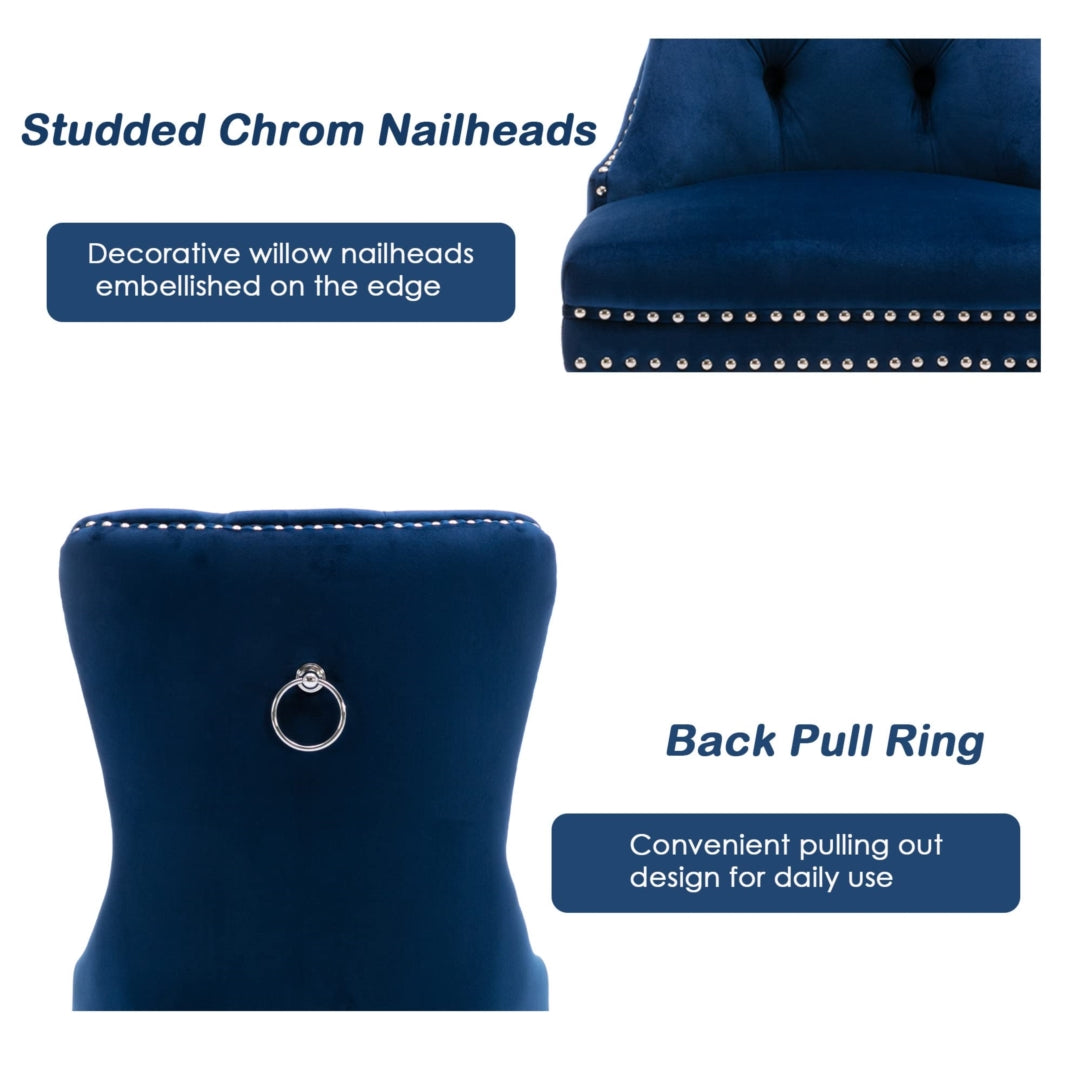 4x Velvet Dining Chairs Upholstered Tufted Kithcen Chair with Solid Wood Legs Stud Trim and Ring-Blu