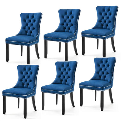 6x Velvet Dining Chairs Upholstered Tufted Kithcen Chair with Solid Wood Legs Stud Trim and Ring-Blu