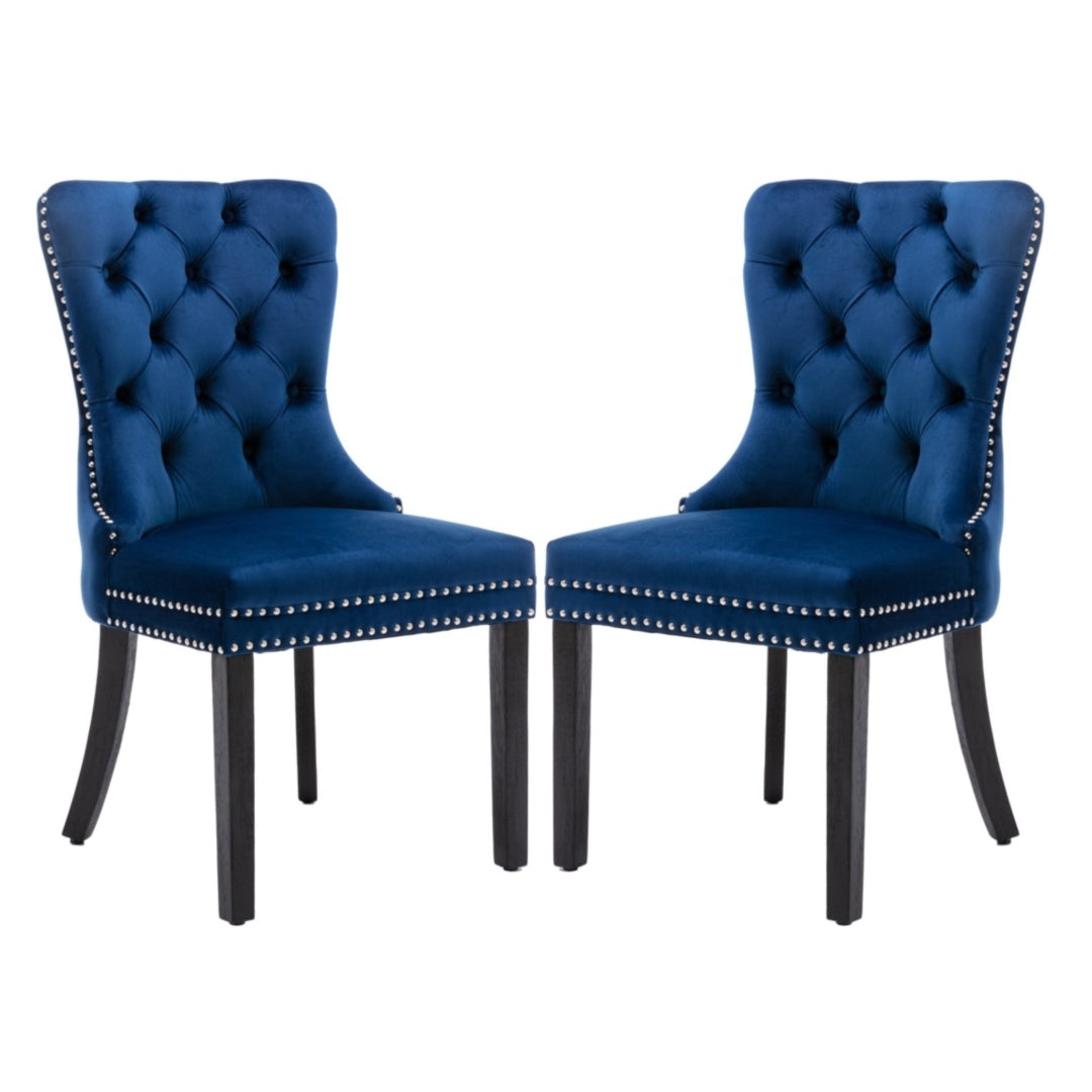 6x Velvet Dining Chairs Upholstered Tufted Kithcen Chair with Solid Wood Legs Stud Trim and Ring-Blu