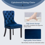 6x Velvet Dining Chairs Upholstered Tufted Kithcen Chair with Solid Wood Legs Stud Trim and Ring-Blu
