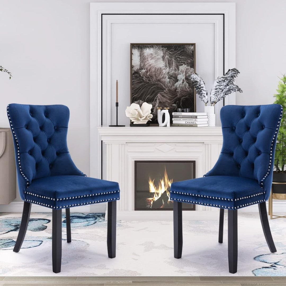 6x Velvet Dining Chairs Upholstered Tufted Kithcen Chair with Solid Wood Legs Stud Trim and Ring-Blu