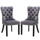 4x Velvet Dining Chairs Upholstered Tufted Kithcen Chair with Solid Wood Legs Stud Trim and Ring-Gray - Front View