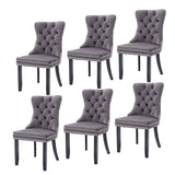 6x Velvet Dining Chairs Upholstered Tufted Kithcen Chair with Solid Wood Legs Stud Trim and Ring-Gra