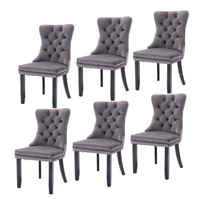 6x Velvet Dining Chairs Upholstered Tufted Kithcen Chair with Solid Wood Legs Stud Trim and Ring-Gra