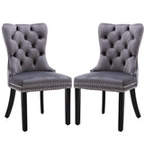 6x Velvet Dining Chairs Upholstered Tufted Kithcen Chair with Solid Wood Legs Stud Trim and Ring-Gray - Front View