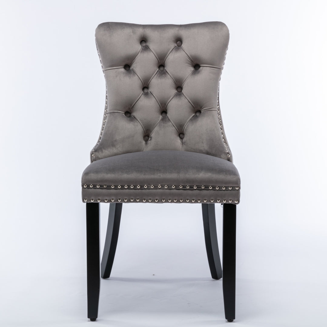 6x Velvet Dining Chairs Upholstered Tufted Kithcen Chair with Solid Wood Legs Stud Trim and Ring-Gra
