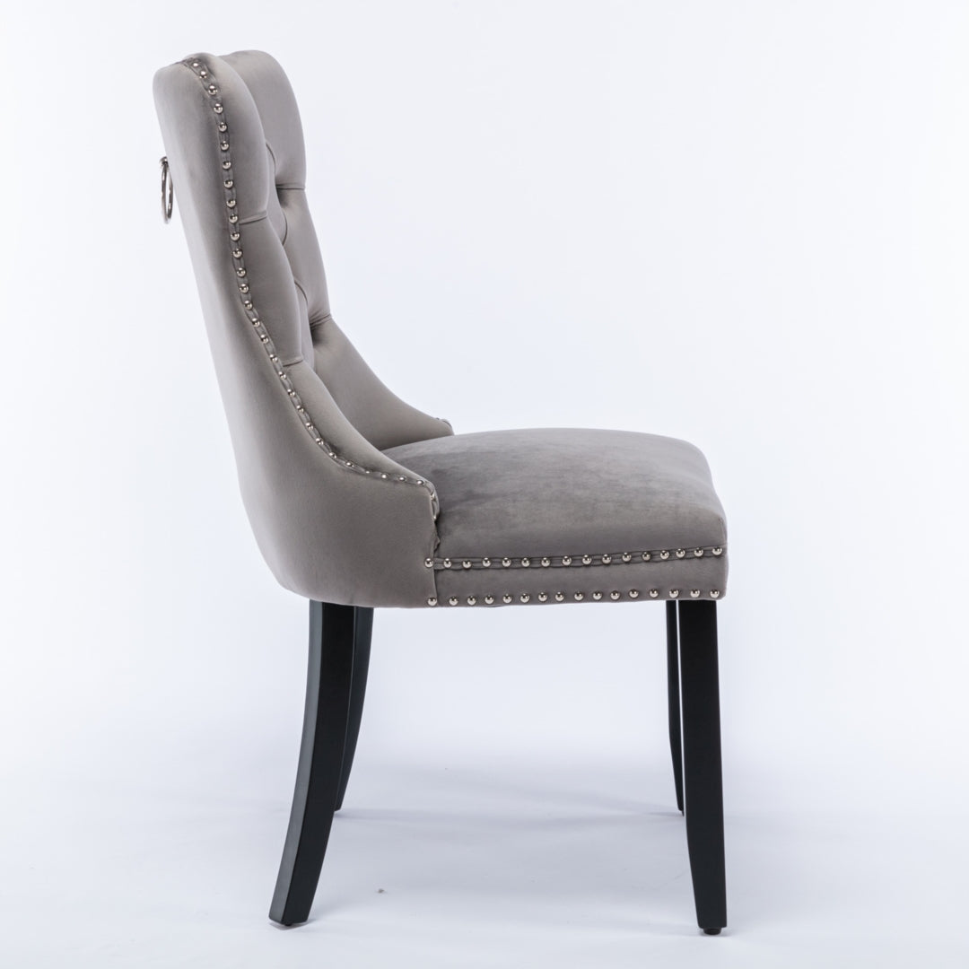 6x Velvet Dining Chairs Upholstered Tufted Kithcen Chair with Solid Wood Legs Stud Trim and Ring-Gra