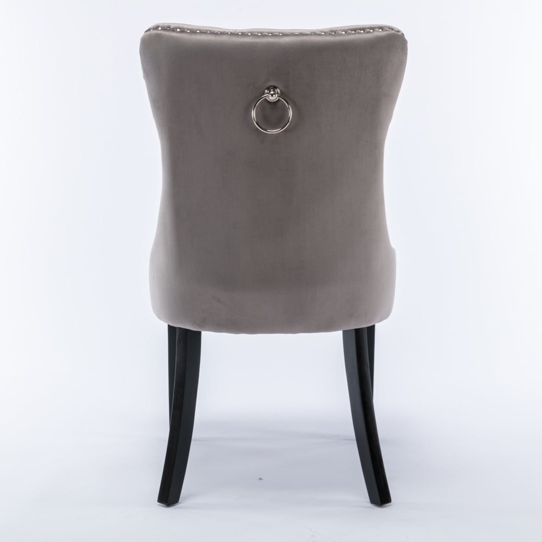 6x Velvet Dining Chairs Upholstered Tufted Kithcen Chair with Solid Wood Legs Stud Trim and Ring-Gra