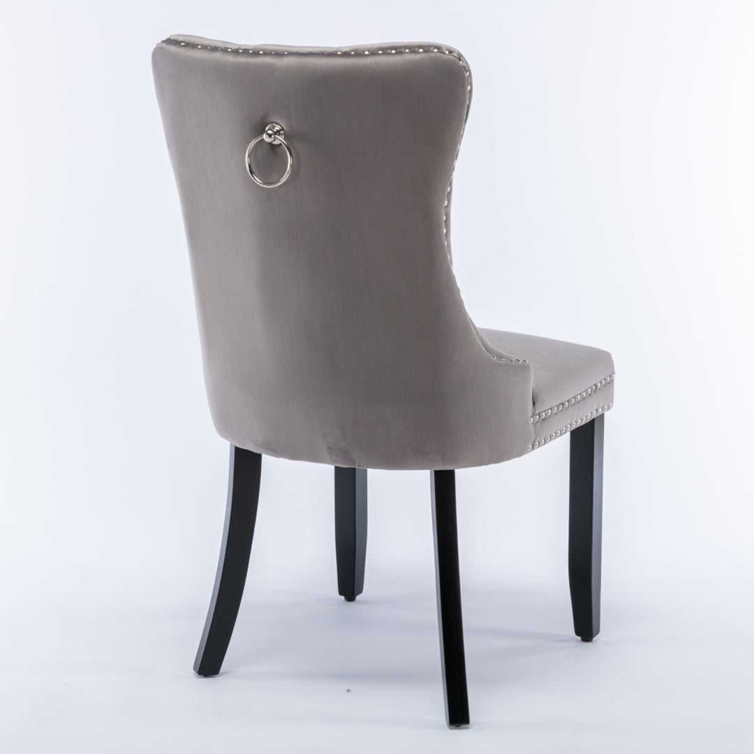 6x Velvet Dining Chairs Upholstered Tufted Kithcen Chair with Solid Wood Legs Stud Trim and Ring-Gra