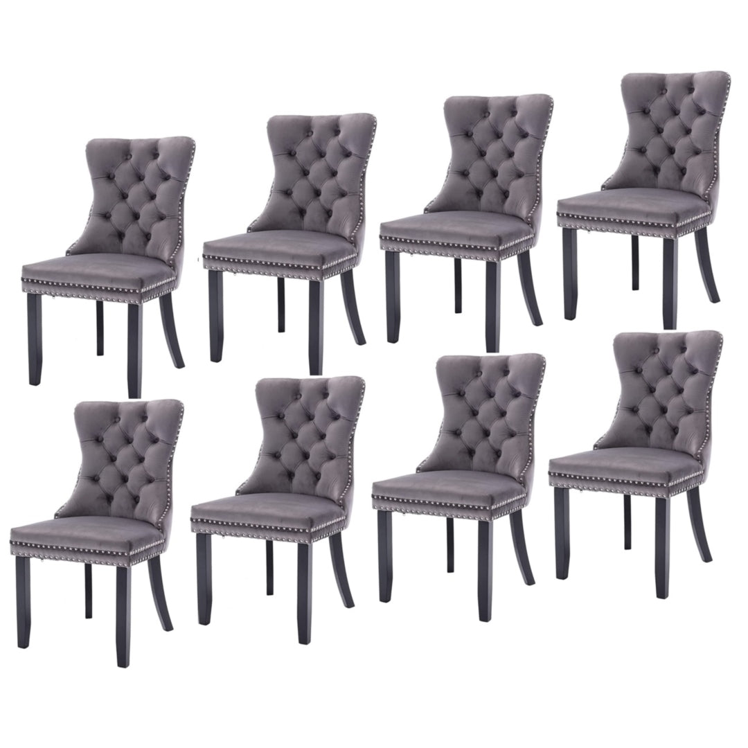 8x Velvet Dining Chairs Upholstered Tufted Kithcen Chair with Solid Wood Legs Stud Trim and Ring-Gra