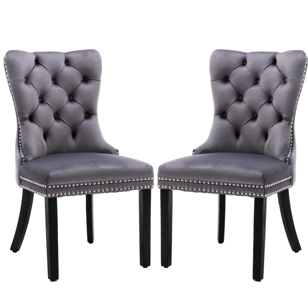 8x Velvet Dining Chairs Upholstered Tufted Kithcen Chair with Solid Wood Legs Stud Trim and Ring-Gra
