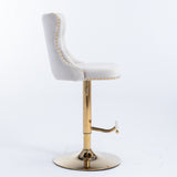2x Height Adjustable Swivel Bar Stool Velvet Studs Barstool with Footrest and Golden Base- Beige - Top-Down View