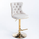 2x Height Adjustable Swivel Bar Stool Velvet Studs Barstool with Footrest and Golden Base- Beige - Front View