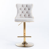 2x Height Adjustable Swivel Bar Stool Velvet Studs Barstool with Footrest and Golden Base- Beige - Side View