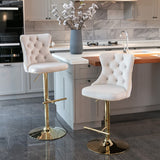 2x Height Adjustable Swivel Bar Stool Velvet Studs Barstool with Footrest and Golden Base- Beige - Low Angle