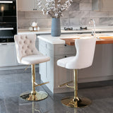 2x Height Adjustable Swivel Bar Stool Velvet Studs Barstool with Footrest and Golden Base- Beige - Extra Image