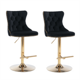 4x Height Adjustable Swivel Bar Stool Velvet Studs Barstool with Footrest and Golden Base- Black - Front View