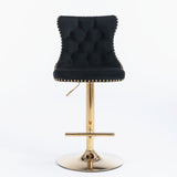 2x Height Adjustable Swivel Bar Stool Velvet Studs Barstool with Footrest and Golden Base- Black - Side View