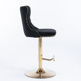 2x Height Adjustable Swivel Bar Stool Velvet Studs Barstool with Footrest and Golden Base- Black - Top-Down View
