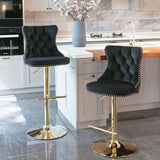 2x Height Adjustable Swivel Bar Stool Velvet Studs Barstool with Footrest and Golden Base- Black - Low Angle