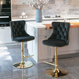 2x Height Adjustable Swivel Bar Stool Velvet Studs Barstool with Footrest and Golden Base- Black - Close-Up Angle