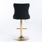 2x Height Adjustable Swivel Bar Stool Velvet Studs Barstool with Footrest and Golden Base- Black - 45-Degree Angle