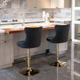 2x Height Adjustable Swivel Bar Stool Velvet Studs Barstool with Footrest and Golden Base- Black - Extra Image