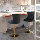2x Height Adjustable Swivel Bar Stool Velvet Studs Barstool with Footrest and Golden Base- Black - Extra Image