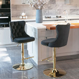 2x Height Adjustable Swivel Bar Stool Velvet Studs Barstool with Footrest and Golden Base- Black - Extra Image