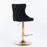 2x Height Adjustable Swivel Bar Stool Velvet Studs Barstool with Footrest and Golden Base- Black - Front View