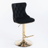 2x Height Adjustable Swivel Bar Stool Velvet Studs Barstool with Footrest and Golden Base- Black - Extra Image