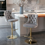 2x Height Adjustable Swivel Bar Stool Velvet Studs Barstool with Footrest and Golden Base- Grey - Close-Up Angle