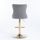 2x Height Adjustable Swivel Bar Stool Velvet Studs Barstool with Footrest and Golden Base- Grey - 45-Degree Angle